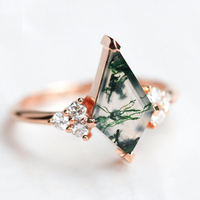 Anillos de Plata S925 con Baño de Rodio, Diseño Vintage con Ágata Verde Musgo Corte Cometa, para Novia, Boda, Aniversario, San Valentín, Regalo