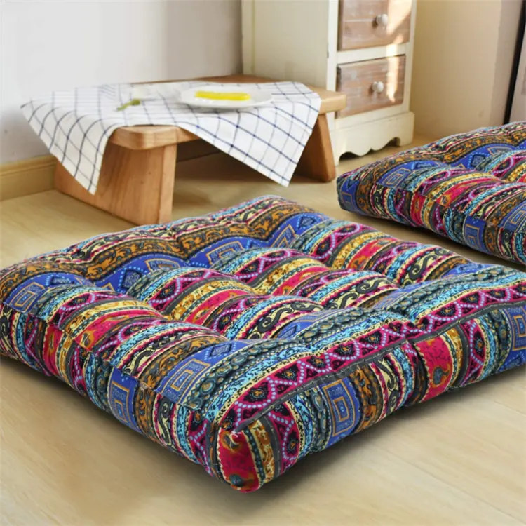 Bohemian Floor Cushion, Square Meditation Pillow Mandala Floor Seat Cushion Cotton Linen Yoga Pillow Japanese Tatami Mat