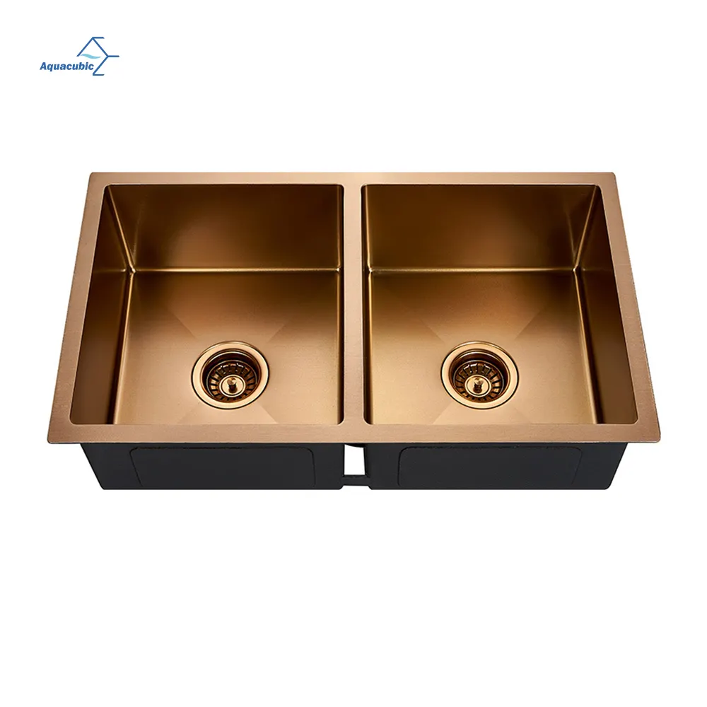 Luxury Rose Gold Handmade Undermount 33 Inch Double Blowl 16 Ga Stainless Steel Kitchen Sink