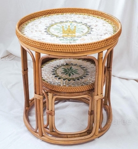 Wholesale Handwoven Rattan <b>Bedside</b> <b>Table</b> Set Modern Mother of Pearl Inlaid <b>Round</b> Coffee <b>Table</b> for Hotel and Home - Product Image 6