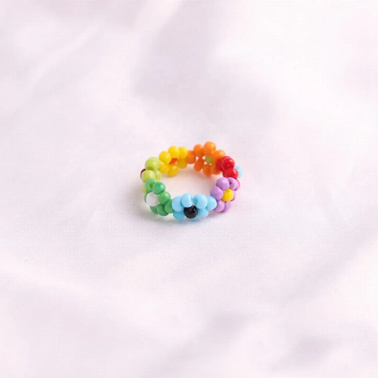 Bohemian Cute Transparent Resin Acrylic Seed Beads Rings Jewelry Accessories Handmade Colorful Rice Beads Flower Finger Ring