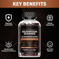 Gummies véganes sans gluten et sans OGM à base de champignons, mélange de 10 champignons, 2500 mg, 90 unités, complément alimentaire pour adultes, améliore l'immunité et l'énergie