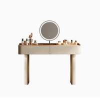 Ensemble coiffeuse moderne en cuir avec miroir de maquillage rond à LED, armoire de rangement à tiroirs et tabouret bouclé pour chambre à coucher