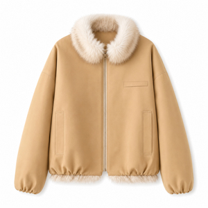 Chaqueta Bomber de Ante Sintético Beige para <span class=keywords><strong>Mujer</strong></span> con Logotipo Personalizado, Cuello y Dobladillo Desmontables de Piel Sintética de Zorro, Cierre de Cremallera, Estilo Holgado y Corto, Abrigo de Invierno - Product Image 4