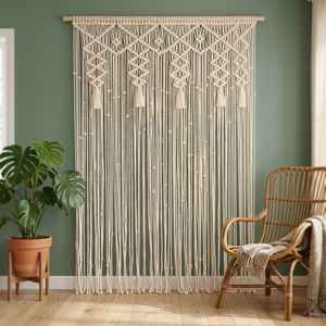 Cortina de puerta de macramé de algodón rectangular personalizada, tapiz mural de cuerda con cuentas, divisor de ventana bohemio, telón de fondo para bodas, decoración interior. - Product Image 2