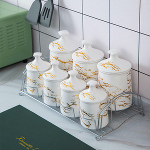 Factory direct sales household storage jars kitchen supplies rack bamboo cover marble ceramic sealed jar set