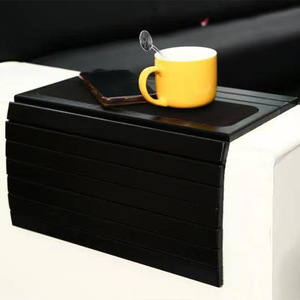 Sofa Armrest <b>Table</b> <b>Wood</b> <b>Foldable</b> Extendable Telescopic For Living Room Dark Brown Solid Color Irregular Shape - Product Image 1