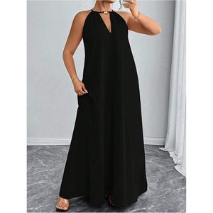 Robe longue licou grande taille pour femme, sans manches, coupe trapèze, en mousseline fluide, idéale pour les vacances d'été et les soirées - Product Image 5