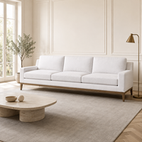 Canapé 3 places moderne et minimaliste en tissu rembourré, texture lin, pieds en bois, mobilier confortable pour salon et maison