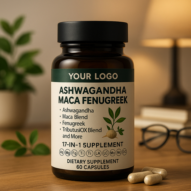 Private Label Ashwagandha Maca Blend 17-in-1 Vegan Gluten-Free Capsules Energy Booster Adult Custom Logo Health Care