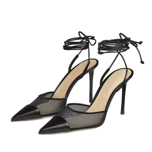 Zapatos de Tacón Alto y Punta en Pico, Negros, Sensuales, con Correa en el Tobillo, de Malla y PU, para Mujer, Ideales para Fiestas, Verano y Otoño - Product Image 1