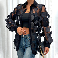 Chemisier de soirée sexy transparent à manches longues boutonnées pour femme, style créateur, en maille florale 3D à rosettes avec bandeau intégré