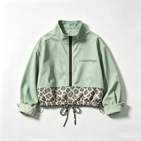 Veste Courte Décontractée pour Filles, Coupe Vintage de Haute Qualité, Imprimé Léopard, Col Montant Contrastant, Ourlet à Cordon, Coupe-Vent