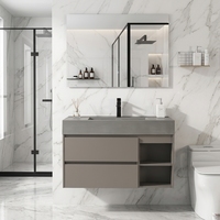 Meuble-lavabo moderne en bois massif avec vasque en céramique et miroir inclus, pour usage hôtelier, avec lavabos de salle de bain