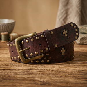BS INTERNATIONAL NA97 3.8 CM Vintage Embroidery Made India 100% Cow Hide Steel Square Pin Eco-Friendly Waterproof High Belt - Product Image 1