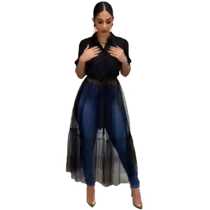 Nouveau Sexy noir Blouse femmes manches chemises été mode demi manches dentelle maille longue volants Blouse hauts - Product Image 3