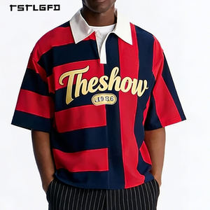 Camisetas <span class=keywords><strong>de</strong></span> Hombre al por Mayor, Personalizadas, con Estampado Veraniego, Cuello Alto, Diseño Colorblock, OEM/ODM, Rayas Rojas y Azul Marino, Gráfico Informal, Jersey <span class=keywords><strong>de</strong></span> 300g - Product Image 1