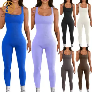 Individuelles Logo eleganter Fitness-Gym-Gehäuseanzug ärmellos Training gerippte Strampler Damen Einteiliger Jumpsuit