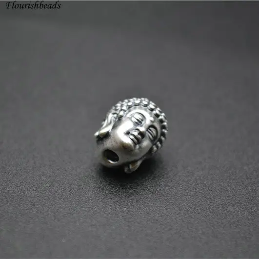 S999 Sterling Silver Double Face Buddha Head Shape Spacer Carved Charms for DIY Jewelry Bracelet Making