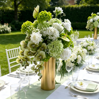 Centre de table floral artificiel vert sauge, orchidée blanche et hortensia, avec vase doré, pour décoration de réception extérieure de mariage