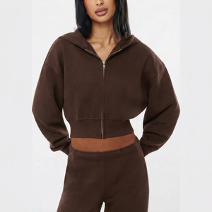 Sudadera Corta con Capucha y Cierre para Mujer BBE1Q, Color Marrón, Hombros Caídos, Manga Larga, Tejido de Algodón de 180g, Transpirable, Ropa Casual de Invierno - Product Image 1