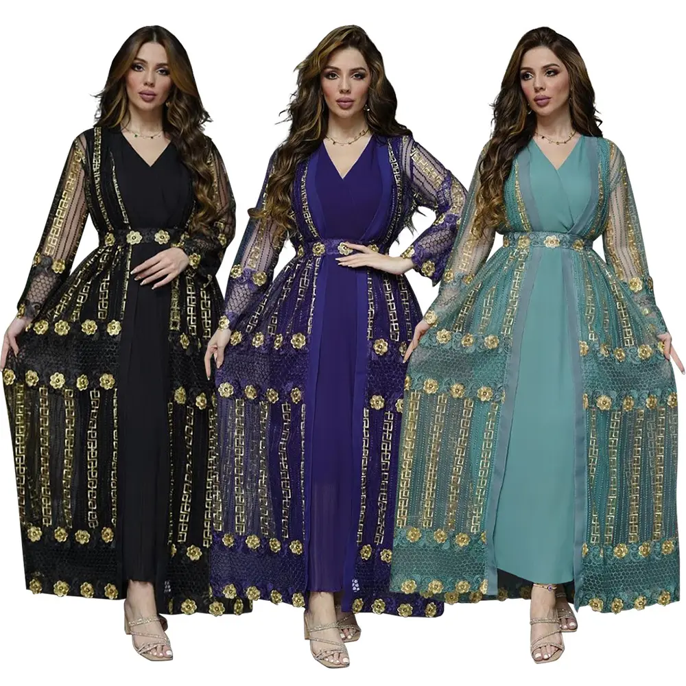 Venta caliente nuevo vestido de gasa Floral bordado Bata 2 piezas-Set musulmán Dubai mujeres suelta suave Maxi ropa vestido Kaftan Abaya vestido