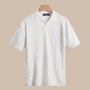 เสื้อโปโลถักสำหรับผู้ชายไซส์ใหญ่ แขนสั้น คอวี ลายถักแบบเคเบิ้ล ทรงหลวม สไตล์ธุรกิจ ปกคอพับ สีขาว ดำ เขียว - Product Image 3