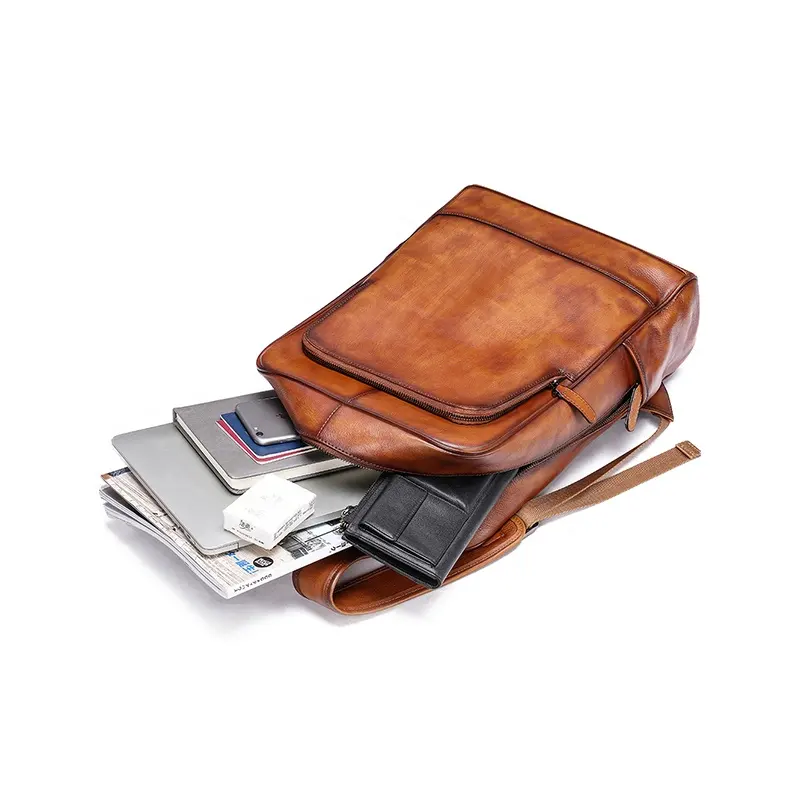 Sıcak satış hakiki deri erkek sırt çantası iş 15.6 inç dizüstü omuz çantaları ovmak renk dana sırt Retro moda