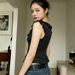 Blusa Casual de Manga Corta para Mujer, Tejida, Ecológica, Transpirable, con Estampado de Lunares, Bloques de Color, Encaje, Parches y Botones, Top de Verano - Product Image 3