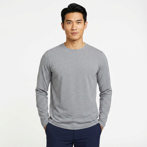 T-shirt décontracté pour homme en coton gris à manches longues, col rond, coupe ample, style streetwear, tricoté et respirant - Product Image 1