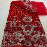 Nouveau tissu en dentelle de velours brodé à la main, luxueux, orné de perles et de paillettes, pour mariage nigérian