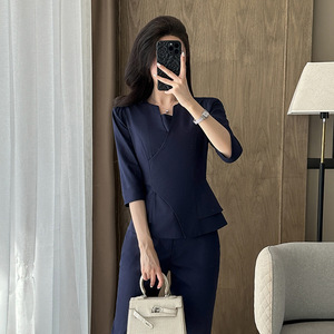 Women's Three Quarter Sleeve Suit <b>Set</b> V Neck Satin Summer <b>Office</b> Lady Uniform Anti Wrinkle Skirt <b>Set</b> - Product Image 3