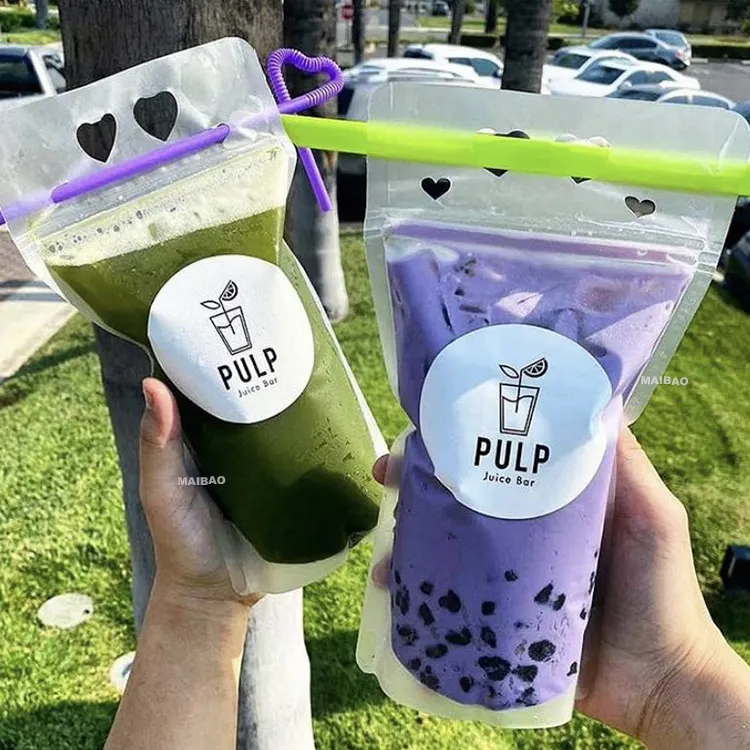 Boba Bubble Tea Trinkbeutel mit Strohhalmen Kunststoff Trinkbeutel mit Reißverschluss Party Getränkebeutel Saftbeutel für Erwachsene und Jugendliche