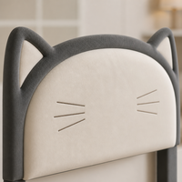 Lit plateforme rembourré en velours pour chambre d'enfant, avec oreilles de chat mignonnes, tête de lit et pied de lit à thème dessin animé, et sommier à lattes