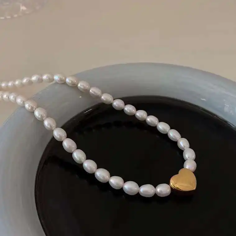 Simple Fashion Love Pearl Necklace 18 Inches Long 7-8mm Natural Rice Freshwater Pearl Necklace Women's Pearl Chain