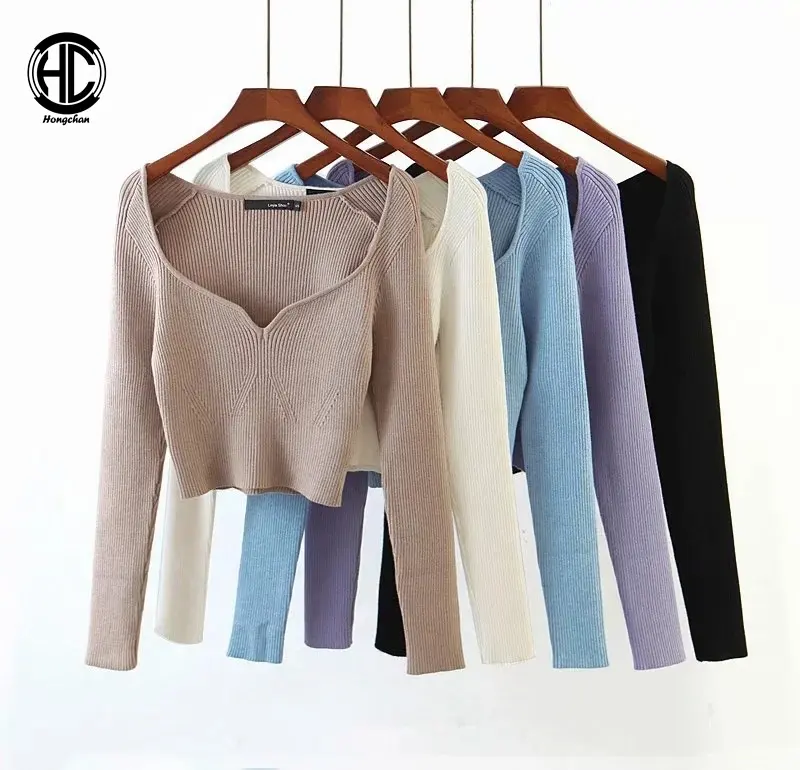 2022 professional clothing manufacturer supply women square collar blouse long-sleeved slim-fit sweater knit top