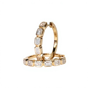 Emerald Lab Grown Diamond Bezel Set Hoop <b>Earring</b> 10K 14K 18K Solid Gold Diamond Heggie <b>Earrings</b> Minimalist Diamond Hoop <b>Earrings</b> - Product Image 1
