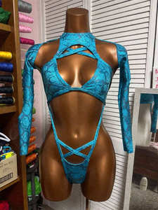 Traje de baño OEM para el Carnaval de Trinidad, estilo Monokini Jouvert, <span class=keywords><strong>sexy</strong></span>, holográfico, con recortes, mangas de malla, para el desfile de Miami - Product Image 3