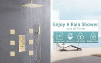 Ensemble de douche thermostatique LED de luxe doré, mural, en laiton, avec pommeau de douche pluie et jets de massage, affichage de la température, haute pression, design moderne