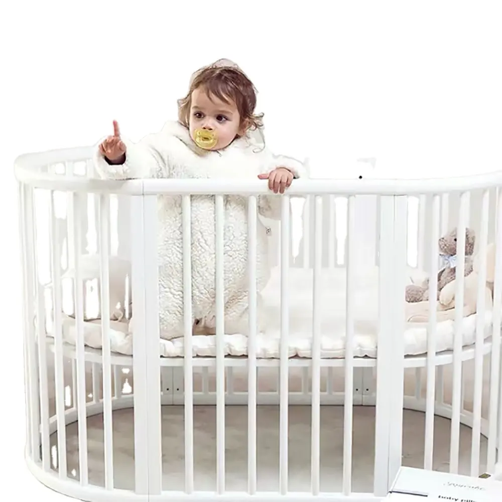 Hot Koop Baby Hout Wieg Crib Ronde Bed Multi-Functionele Effen Crib 4 In 1 Baby Opgroeien Bed houten Baby Bed Wieg