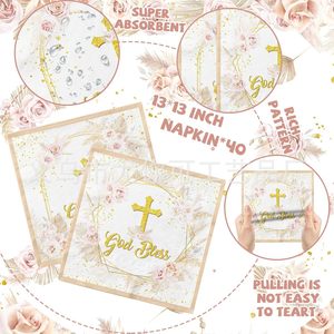 ผ้าเช็ดปากสำหรับพิธีบัพติศมา ขนาด 13x13 นิ้ว กระดาษแบบใช้แล้วทิ้ง ลายกางเขนพร้อมคำอวยพรจากพระเจ้า ของตกแต่งงานพิธีทางศาสนา 40 ชิ้น - Product Image 1