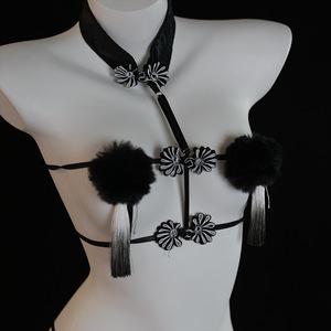 <b>Sexy</b> Lingerie Black Pom Pom Tassel Bra <b>Set</b> Satin Sheer Women's Costume Role Play 8240 - Product Image 1