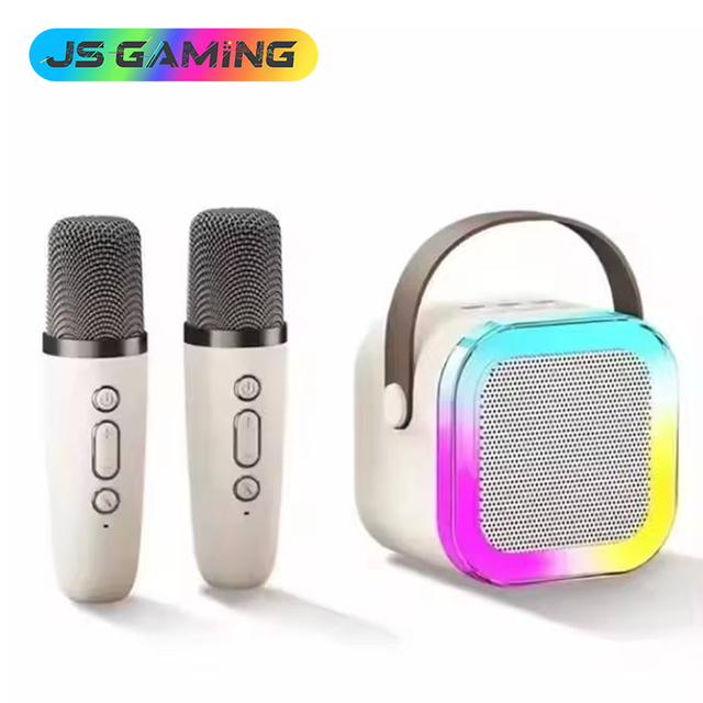 JSGAMING K12 Karaoke 2 Mic Machine Blue-tooth Speaker Wireless Microphones RGB LED Colorful Lights Ambient Singing Speaker