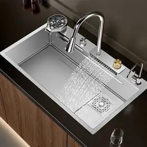 Fregadero de cocina todo en uno de acero inoxidable de tendencias Tiktok con grifo extraíble grifo de cocina de cascada con desagüe de cocina