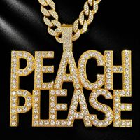 Collier tendance en alliage de zinc avec pendentif PEACH PLEASE en strass, chaîne cubaine dorée pour homme, bijoux de scène pour rappeur hip-hop