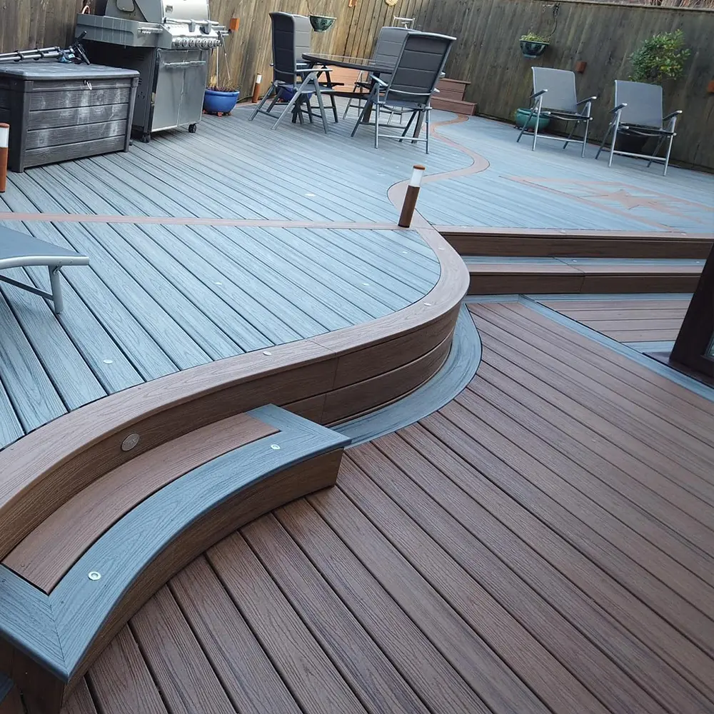 Bicolor eco-wood crack-resistant outdoor co-ekstrusi komposit decking 2 warna teras kayu dengan kualitas baik oatdecking