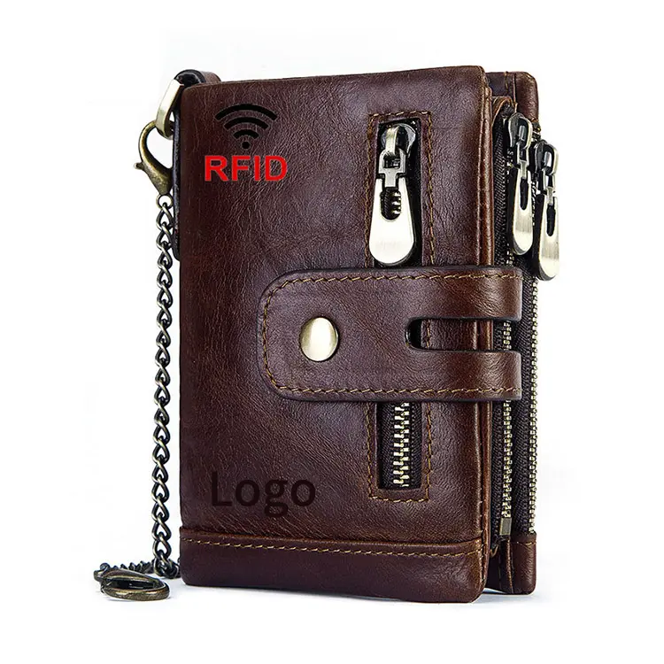 AZB097 Bifold Removable Coin Holder Men Chain Hanging Card Holder Wallet Man Wallet Real Leather Wallet For Men