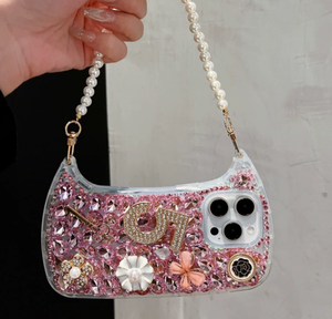 Luxury Bling Glitter Rhinestone Diamond Women Handbag Phone Case for <strong>Iphones</strong> 15 Pro Max TPU <strong>Cover</strong> With Pearl Bracelet Chain - Product Image 4