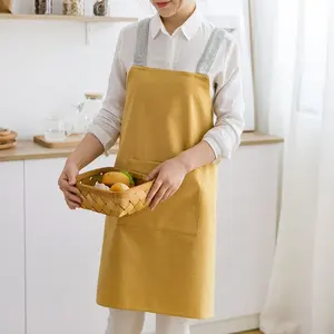 Celemek dapur kain liur pembersih harga rendah, celemek taman kustom warna kuning modis untuk wanita