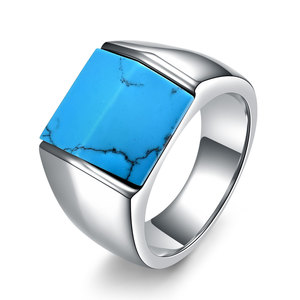 Stainless Steel <b>Ring</b> 13mm Geometric <b>Turquoise</b> Inlay Unisex Fashion Jewelry Gift - Product Image 5